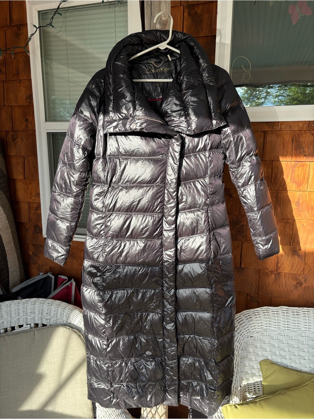 Calvin Klein Metallic Charcoal Long Quilted Puffer Coat